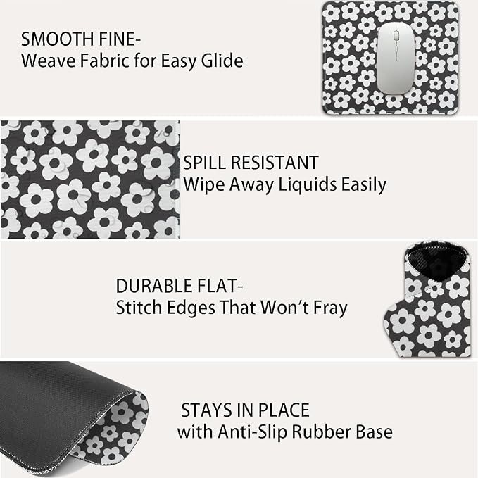 Mouse Pad for Desk with Stitched Edge, Premium Cute Washable Mouse Pads. Computer Mousepad with Non-Slip Rubber Base, Mousepads for Laptop, 9.25x7.75x0.12 inch (White Flowers)