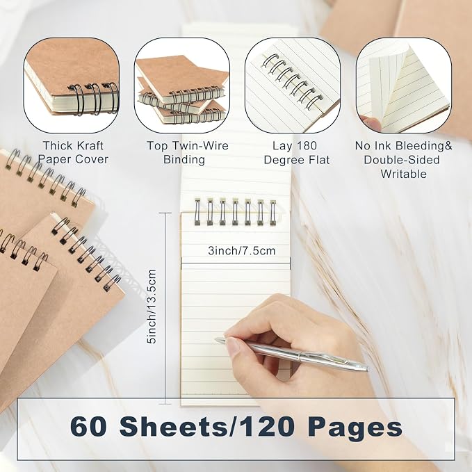 Tenceur 2 Pcs Pocket Notebook Small 3x5 Inch Brown Top Spiral Notepads Bound Notebook with Lined 120 Pages Mini Memo Pads for Office College Nurse Essentials Back to School Gift