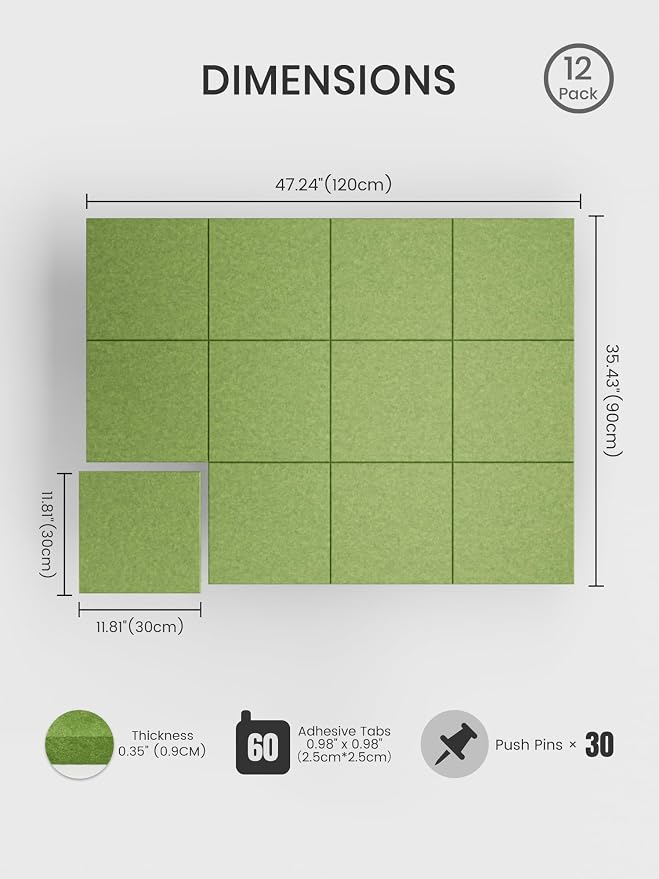 Bumusty 48" x 36" Large Cork Board Alternative, Kelly Green | 12-Pack Felt Bulletin Board Tiles, 60 Adhesive Tabs, 30 Pushpins, Home, Office, Classroom, Vision Board