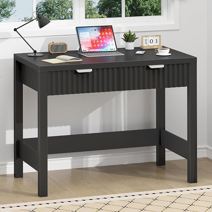 32 Inch Small Fluted Computer Desk with 2 Drawers for Bedroom, Home Office | Small Computer Desk with Drawers, Compact Writing Study Desk Storage for Small Spaces, Black