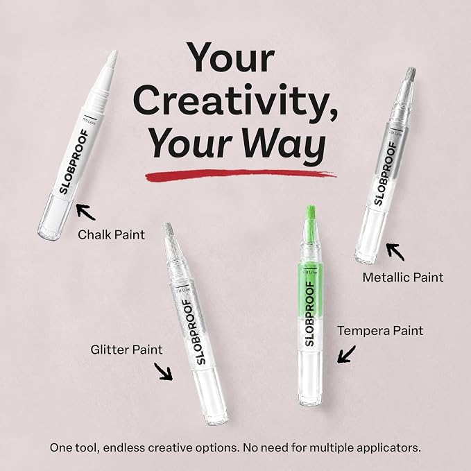 Slobproof Paint It! Decorating Pen, Refillable Paint Pens, Pack of 5 | Mess-Free Arts and Crafts Tool for All Ages - Wider Barrel Holds 2X More Paint - Fill with Chalk, Glitter, Metallic Paints