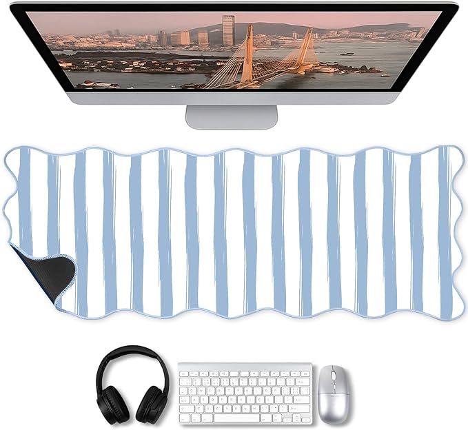 1 Pcs Blue Scalloped Striped Desk Mat 31.5 x 11.8 Inch Large Cute Mouse Pad Computer Mat Non Slip Waterproof Rubber Base with Border Stitching Soft Keyboard Pad for Home Office Gaming Makeup