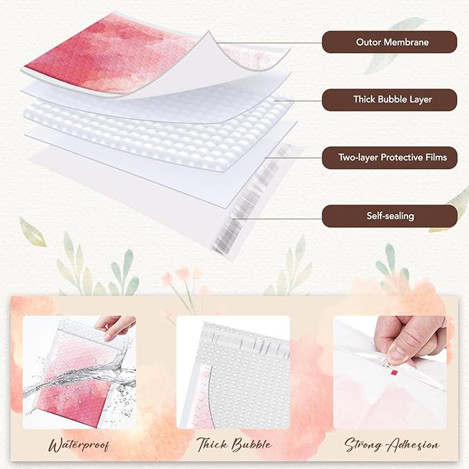 Fuxury Bubble Mailers 6x10" Pink Watercolor Padded Envelopes 100 Pack Usable Size 6x9" Bubble Envelopes Strong Adhesion Padded Mailers Thick Waterproof Shipping Envelops for Mailing Jewelry Makeup #0