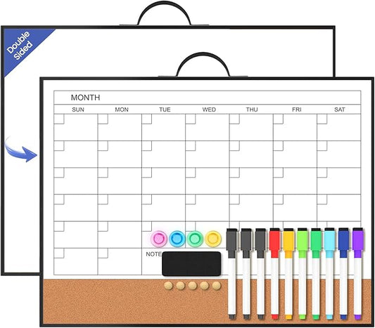 White Board Calendar - 16" X 12" Dry Erase Board Monthly Calendar, Double Sided Whiteboard with a Handle, Black Aluminum Frame Calendar for Home, School, Office