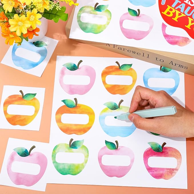Whaline 90 Pcs Back to School Name Tag Stickers Watercolor Apples Shape Nameplates Colored Self-Adhesive Label Decals for Students Desk Classroom Decoration, 9 Designs