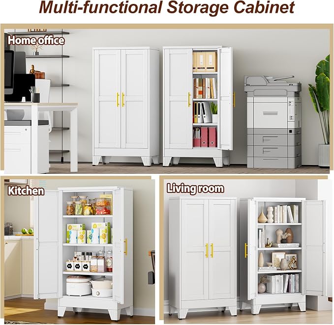 47" White Metal Storage Cabinet with 2 Doors and 3 Adjustable Shelves,Steel Garage Tool Cabinet, File Cabinet,Kitchen Pantry Cabinet for Home,Office,Garage,School,Warehouse