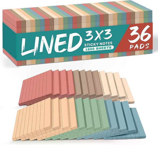 Taja Lined Sticky Notes, 36 Pads, 3 x 3 Inches, 50 Sheets/Pad, Vintage | Bulk Sticky Notes with Lines for Office, Study & Daily Organization, Self-Stick Note Pads for Notes and Reminders