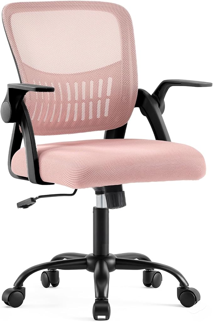 DUMOS Office Desk Chair, Lumbar Support Mesh Home Chair | Ergonomic Computer Mesh, Rocking Mode Flip-up Armrest, Height Adjustable 360 Swivel, Pink