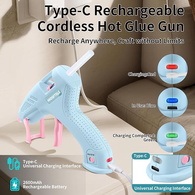 Cordless Hot Glue Gun Kit with 30 Sticks, Fast Heating 2.6Ah Rechargeable | 20W Anti-Drip Glue Gun and Sticks Set (0.27"×6") USB-C Rechargeable Mini Glue Gun Ideal for School Crafts DIY Making Repairs