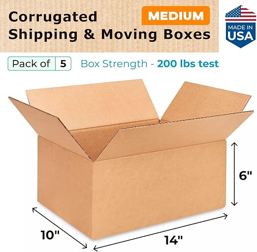 Medium Moving & Shipping Boxes 14 x 10 x 6 inches (5-Pack) - Extra Strength 200 lb vs Regular - Corrugated Strong Cardboard Boxes - Packing Box, Made in USA - Shipping Box by IDL Packaging | Extra Strength 200 lb vs Regular - Corrugated Strong Cardboar...