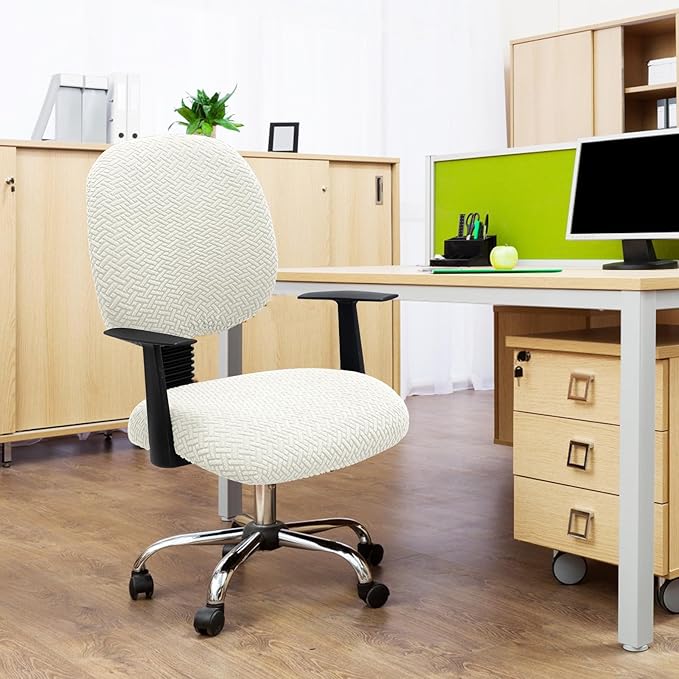 MIFXIN Computer Office Chair Cover Stretch Elastic Slipcover 2 Piece Jacquard Computer Chair Seat Covers Furniture Protector for Office Home, Only Covers, No Chair (White)