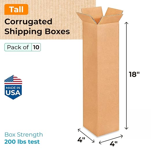 IDL Packaging B-4418-10 Tall Corrugated Shipping Boxes 4"L x 4”W x 18"H (Pack of 10) - Excellent Choice of Strong Packing Boxes for USPS, UPS, FedEx Shipping | Extra Strength 200 lb vs Regular - Corrugated Moving Boxes for USPS/UPS/FEDEX - Cardboard Bo...