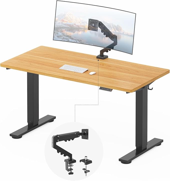 FLEXISPOT EN2 55''x28'' Standing Desk with Monitor Mount Bundle, 1" Thick One-Piece Desktop, Fully Adjustable Single Monitor Arm with Cable Management, Bundle for Home Office, Gaming & Study, Maple