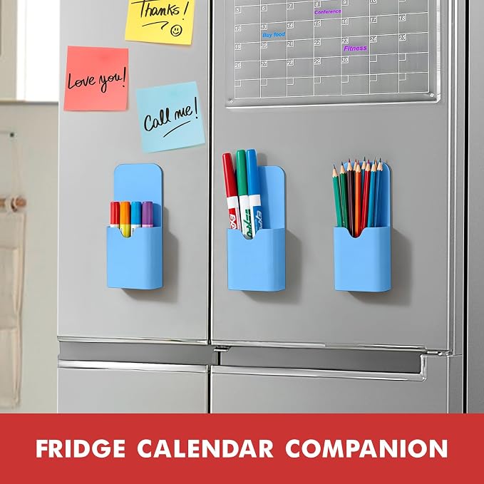 BEYGORM Magnetic Pen Holder for Refrigerator, Pencil Cup Organizer (Blue) | Upgraded 1.5mm thick magnetic backing for whiteboards, lockers & fridge; 4 Pcs dry erase marker holder for classroom & office