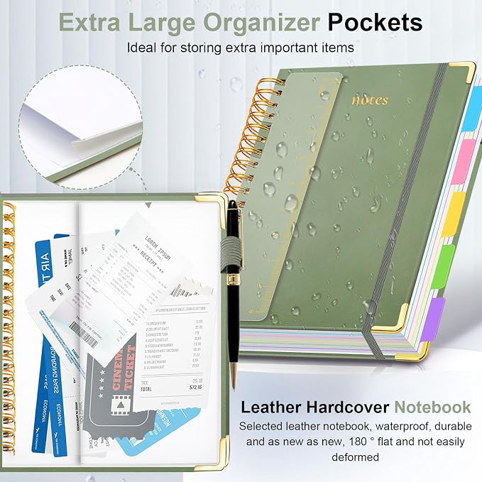 Hardcover Spiral Notebook 8.5"x11" Journal Notebook with Tabs and Removable Dividers 300 Pages 5 Subject Notebook College Ruled, Faux Leather Spiral Bound Notebook for Women School Work (Sage Green)