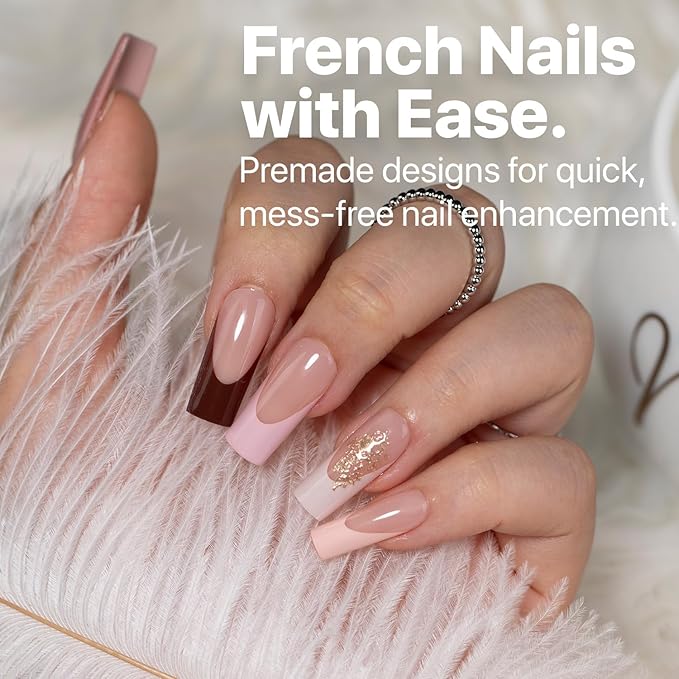 SXC Cosmetics French Tip Press On Nails 150 Pieces in 15 Sizes Ultra Fit with Pre-applied Tip Primer and Base Coat, No Need to File Fake Nails for Nail Art DIY X-Pro Tips (ST117-M Square)