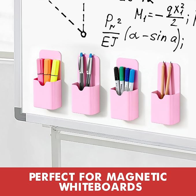 BEYGORM Magnetic Pen Holder for Refrigerator, Pencil Cup Organizer (Pink) | Upgraded 1.5mm thick magnetic backing for whiteboards, lockers & fridge; 4 Pcs dry erase marker holder for classroom & office