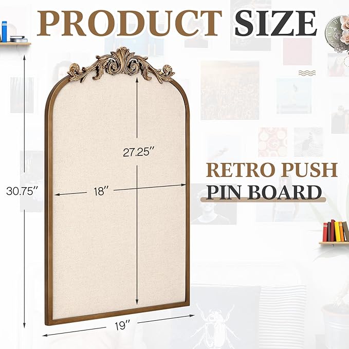 Vintage Framed Pin Board Linen Display Bulletin Board Large Ornate Fabric Picture Photo Pinboard Memo Decorative Prayer Pinboard Ornate for Wall Gift(Arch,19" X 31",Retro Golden)