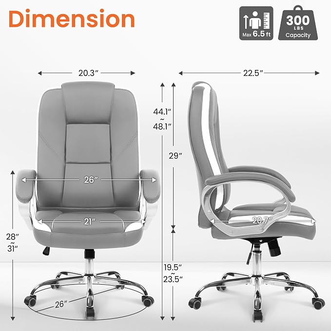 NEO CHAIR Office Desk Chair PU Leather Chair with Lumbar Support, Grey | Ergonomic High Back Executive Computer Chair, Comfortable Padded Fixed Armrests Swivel Chair with Wheels for Office/Home
