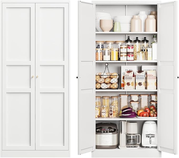 Metal Storage Cabinet - 71" White Kitchen Pantry with 2 Doors and 4 Adjustable Shelves, 4-Tier Tall Steel Locker for Living Room, Dining Room