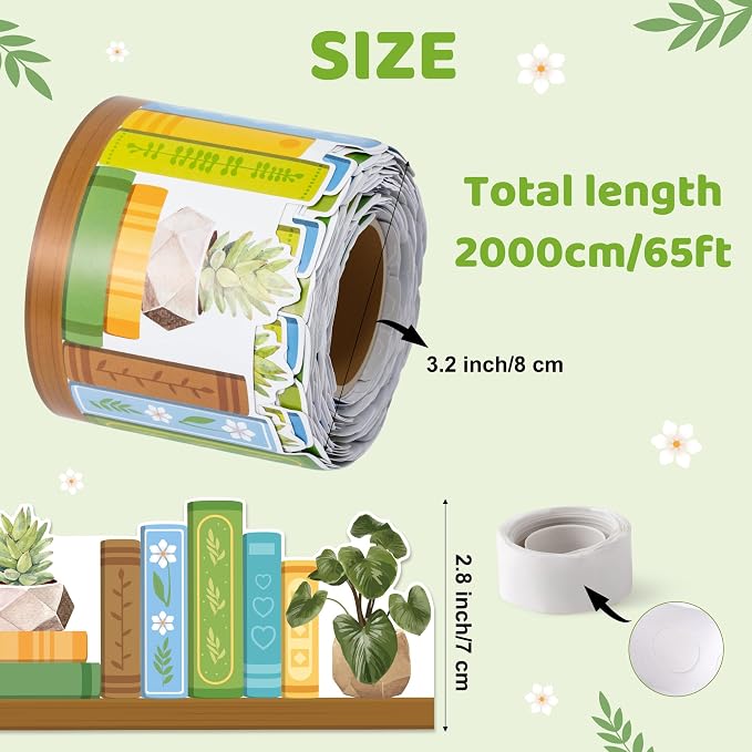BeYumi Plant Bookshelf Border Trim - 65ft Back to School Green Plant Books Rolled Border Trim Green Potted Plants Bookshelf Bulletin Board Set Library Classroom Office Chalkboard Home Wall Party Decor