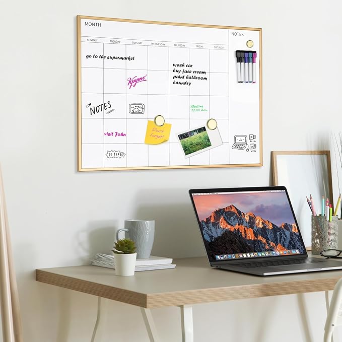 Magnetic Monthly Calendar Whiteboard, 30'' x 20'' Dry Erase Calendar for Wall Office School Home, Gold Wooden Frame