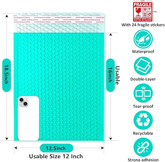 Large Bubble Mailers 12x18'' 30 Pack and 24PCS Fragile Stickers Tea Thick Waterproof Padded Poly Envelopes Bubble Wrap Mailers Self Seal Shipping Bag for Small Business Shipping Envelope Mailers #5