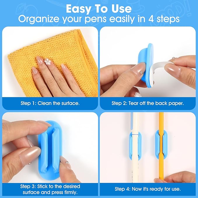 20 PCS Adhesive Pencil Holders, Silicone Marker Organizer for Desk, Notebook, Wall or Clipboard, Reusable Teacher Supplies for Classroom, Office, School Accessories (Blue)