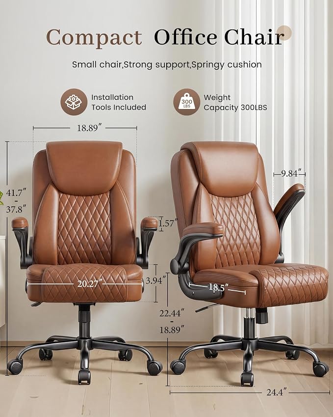 COMHOMA Mid-Back Office Chair, Ergonomic PU Desk Chair with Flip up Arms, Small Computer Gaming with Comfy Lumbar Support,Rocking Function,Sturdy Metal Base, Brown