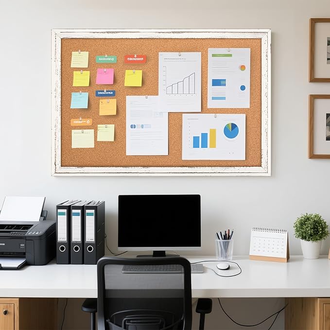 Cork Board Bulletin Board, 30" x 20" Rustic White Wooden Frame Corkboard for Wall, Hanging Vision Board, Pin Board for Home Room Dorm Office Decor