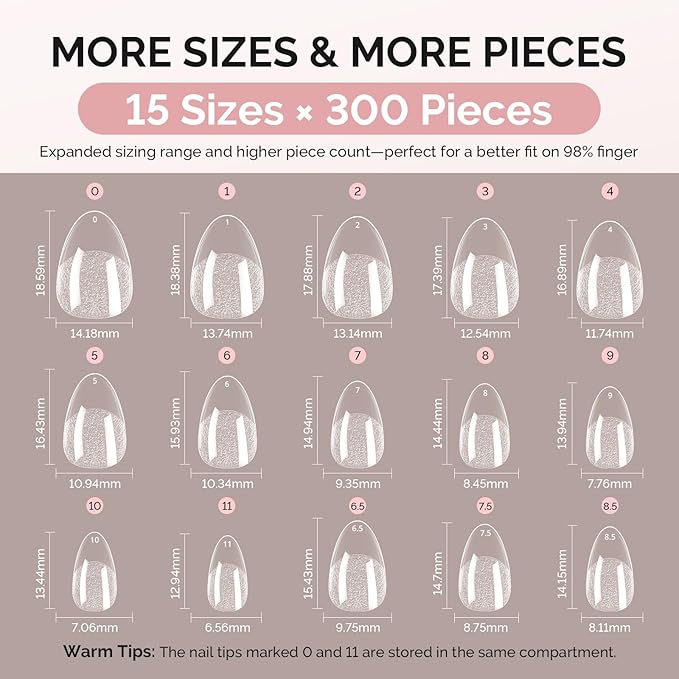 MelodySusie Extra Short Almond X Nail Tips - 300Pcs 15 Sizes Clear Acrylic,Half Matte Full Cover Press on Nails for DIY Extension & Salon Use,Pre-Shaped for Long-Lasting Manicure
