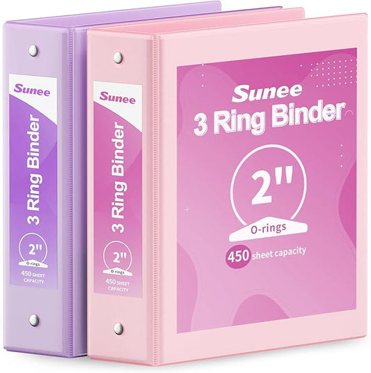 SUNEE 3 Ring Binder 2 Inch 2 Pack, Clear View Binder Three Ring PVC-Free (Fit 8.5x11 Inches) for School or Office Supplies, Pink & Purple