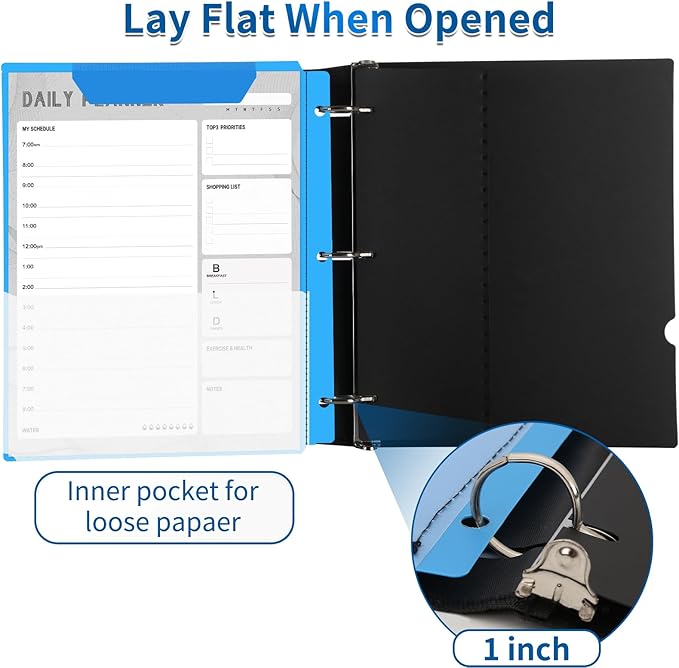 12 Pcs 360° Pivotable 3 Ring Binder, Soft 1 inch Binders 3 Ring, Flexible Thin Soft Three Ring Binder Fits 8.5" x 11", for Home, School and Office-Black, White, Blue, Green, Red, Purple