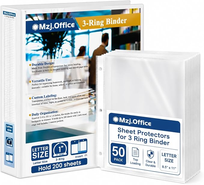 1 Inch Binders 3 Ring Set, White 1" Round + 50 Sheet Protectors | 50 Top-Loading Page Protectors, Clear View Cover & Spine, Fits 8.5 x 11 Letter Paper; for School, Office and Home Filing Use