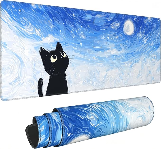 Starry Night Cat Mouse Pad,Cute Van Gogh Inspired Desk Mat,31.5x12in | Large Blue White Kawaii Black Kitty Gaming Mousepad,Nebula Sky Anime Aesthetic Desk Decor Keyboard Mat,80 x 30 cm