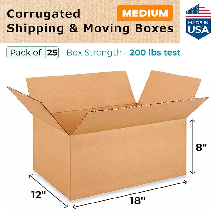 Medium Moving & Shipping Boxes 18"L x 12"W x 8"H (25-Pack) - Extra Strength 200 lb vs Regular - USA-Made Corrugated Packaging Boxes - Strong Moving Supplies Box - Square Box by IDL Packaging