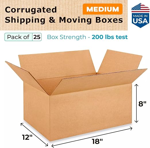 Medium Moving & Shipping Boxes 18"L x 12"W x 8"H (25-Pack) - Extra Strength 200 lb vs Regular - Corrugated Packaging Boxes, Made in USA - Strong Moving Supplies Box - Square Box by IDL Packaging | Extra Strength 200 lb vs Regular - Corrugated Packaging...