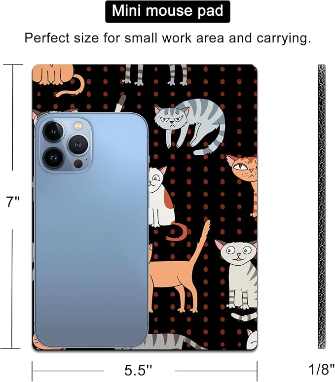 Small Mouse Pad Cute, Mini Mouse Pads for Wireless Mouse and Laptop, Travel Mousepad with Designs - Funny Cats, Portable Mouse Mat with Non-Slip Rubber Base and Waterproof Cloth - 5.5 x 7 in