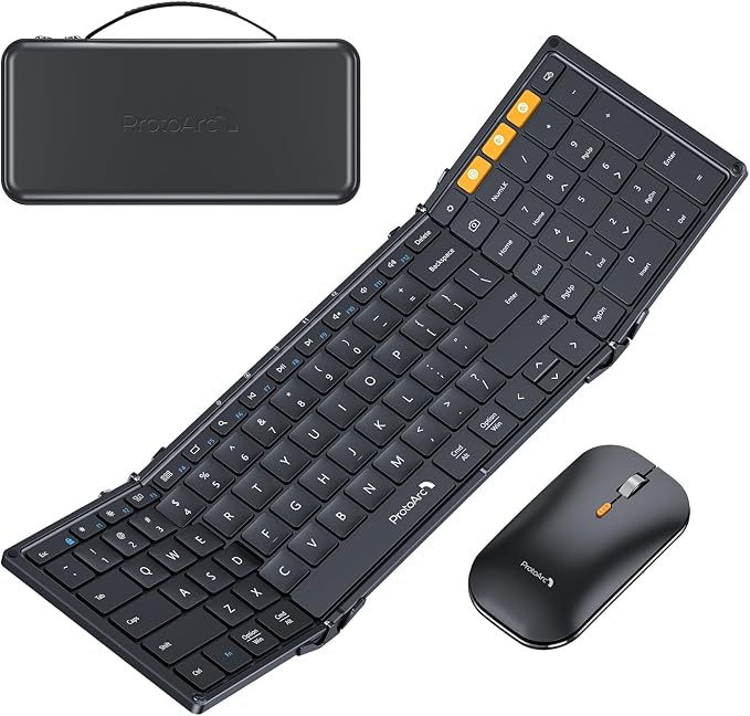 ProtoArc XKM01 Full-Size Foldable Keyboard Mouse Combo for Travel - Black | 105-key keyboard, slim mouse, hard case and phone stand; 3-device Bluetooth & 2.4G switching, for travel office use