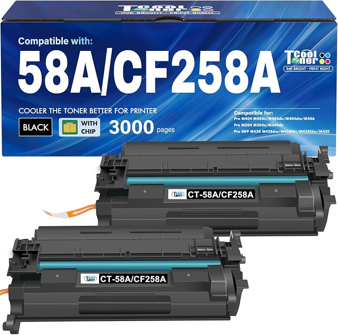 58A CF258A Toner Cartridge Black Compatible for HP M428fdw M404dw 2 Pack | Compatible for HP 58X CF258X Toner for HP LaserJet Pro M404n M404dn M404 MFP M428fdw M428fdn M428dw Printer Ink with Chip
