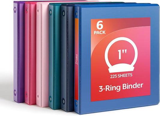 Cardinal 1 Inch 3 Ring Binders, 6 Pack, Assorted Colors, Holds 225 Sheets | Round rings, clear view covers for custom inserts, and 2 inside pockets. PVC free, non stick. Stock up pack.
