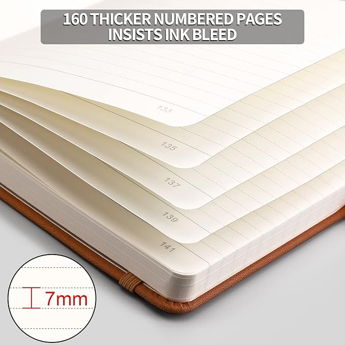 AHGXG Lined Journal Notebook - 320 Numbered Pages A5 College Ruled Notebook Thick Journal for Writing, 100gsm Lined Paper, Leather Hardcover, for Women Men Work Office School, 5.75'' X 8.38''-Brown