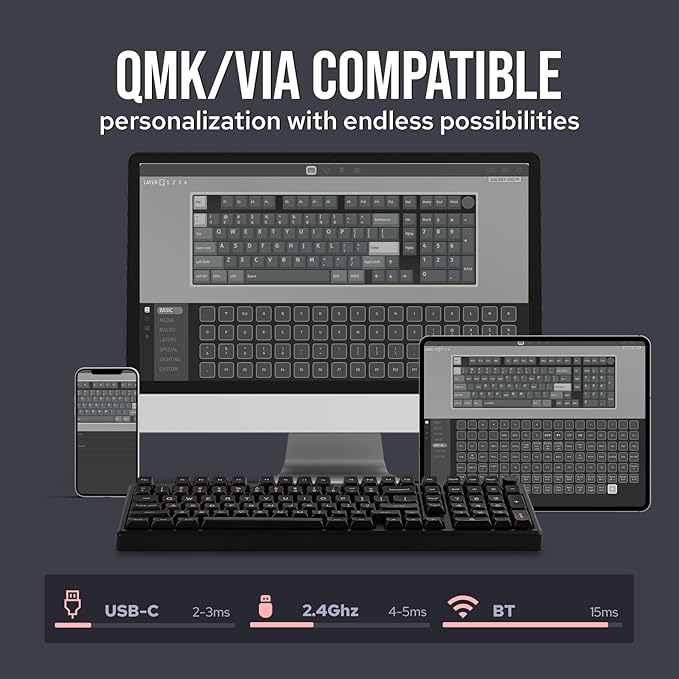 EPOMAKER Galaxy100 QMK/VIA Wireless Gaming Keyboard, Aluminum Shell, BT/2.4Ghz/USB-C, Pre-Lubed Hot-Swappable Linear Switches, NKRO, RGB Backlit (Black, Wisteria Linear Switch)