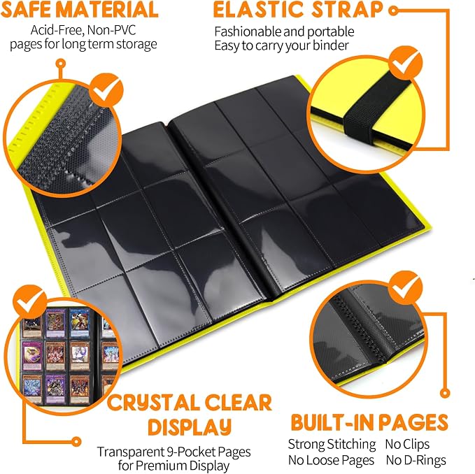 Trading Card Binder 9 Pocket, 360 Card Waterproof Folder with Side Loading Sleeves, Sturdy Card Collection Album for MTG, TCG, Game Cards & Sports Cards (1, Yellow)