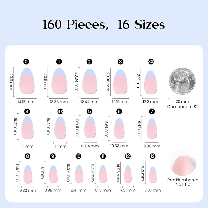 Beetles Blue French Tips Press On Nails, 160 Pcs Pastel Spring Press On Nails Short Almond, Blue Fake Nail Tips Soft Nail Gel False Nails Art DIY For Women