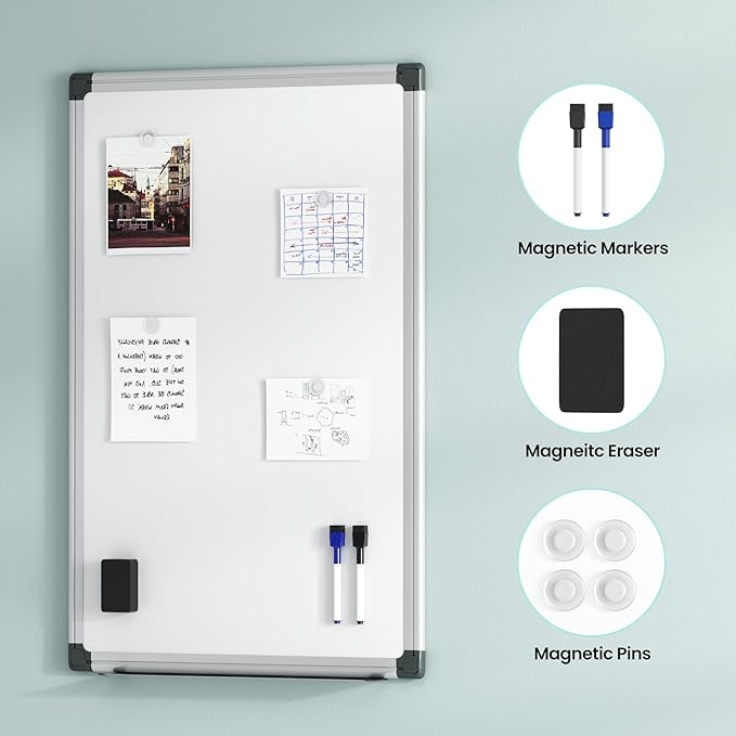 VUSIGN Magnetic Dry Erase Board for Wall, 36" x 24" Hanging Whiteboard for Office, School, Home, Includes Eraser, Markers, Magnets, Pen Tray, Silver Aluminum Frame White Board