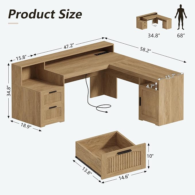 63" Fluted L Shaped Desk with Drawers & Printer Shelf for Home Office | Corner Computer Desk with Storage, Power Outlets, L Shaped Office Desk with Monitor Stand, Printer Shelf, Oak