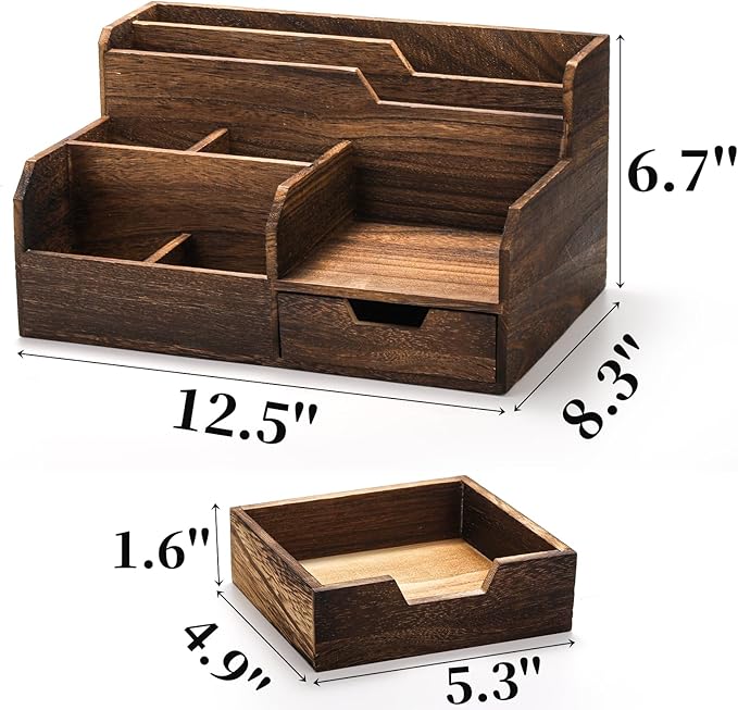 Brown Wooden Mail Organizer, Desk Organizer with 7 Compartments and Drawer, Rustic Mail Sorter with Pen Holder, Tabletop Mail Basket, Office Accessories Holder for Pen File Letter Document