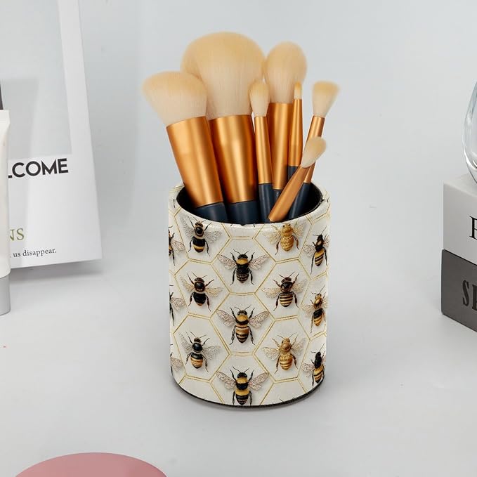 Leather Pen Holder for Desk, Honeycomb Bees Pencil Cup Pen Organizer Makeup Brush Holder for Office Home Kids Countertop Desk Accessory Storage