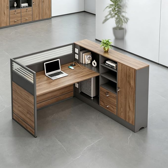 Modern Office Workstation Desk with Side Storage Cabinet, Tempered Glass Privacy Panels, USB Charging Hub & Cable Management, Modular Cubicle Desk for Office Work (C - Right, 1P)